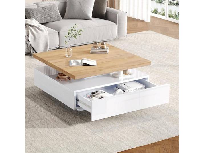 Table basse carré 70x36cm Table basse salon Table d'appoint avec plateau rotative 360° et 1 tiroir - noyer + blanc brillant
