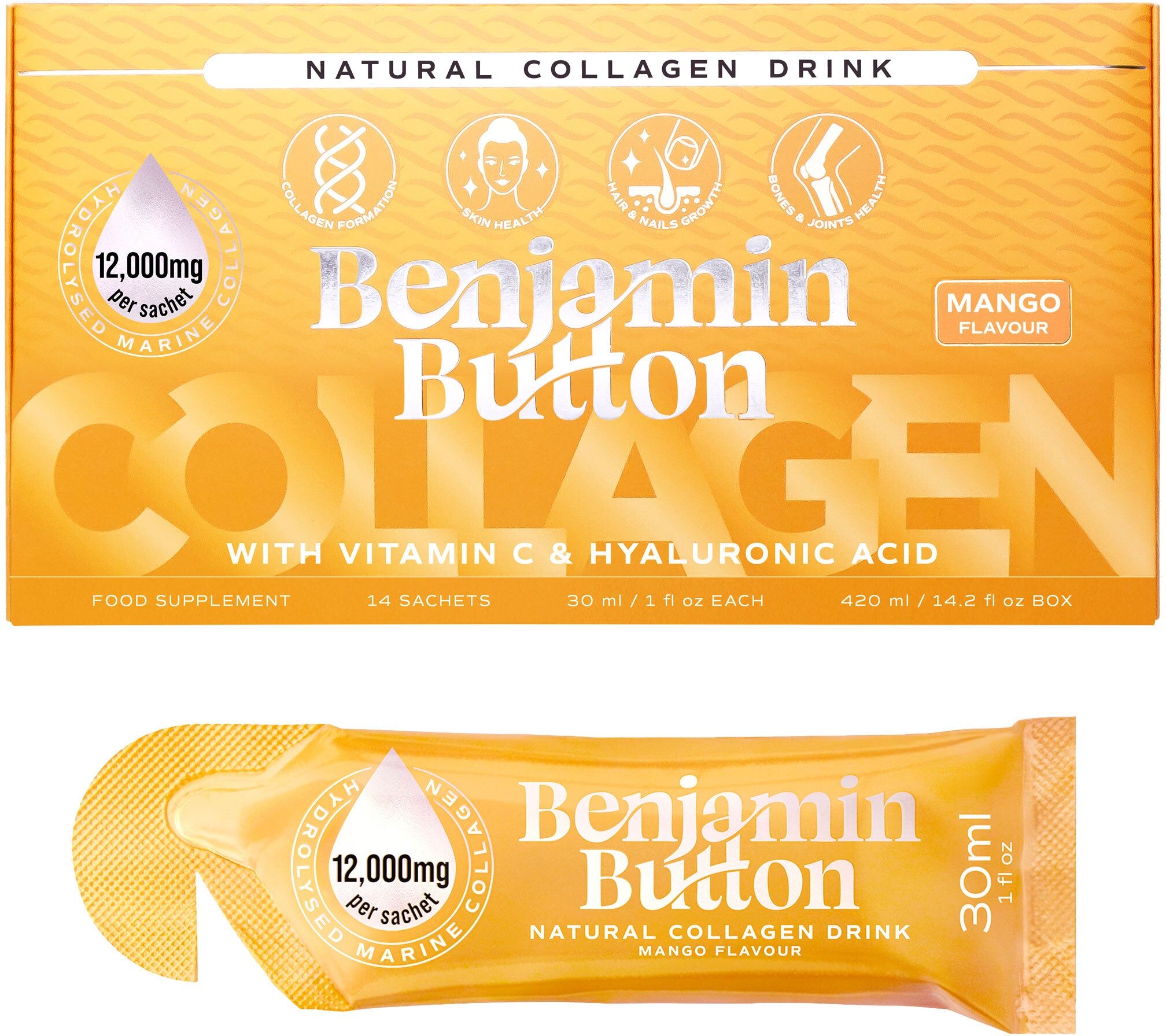 Benjamin Button 12,000mg Marine Collagen Drink - Mango Liquid Sachets