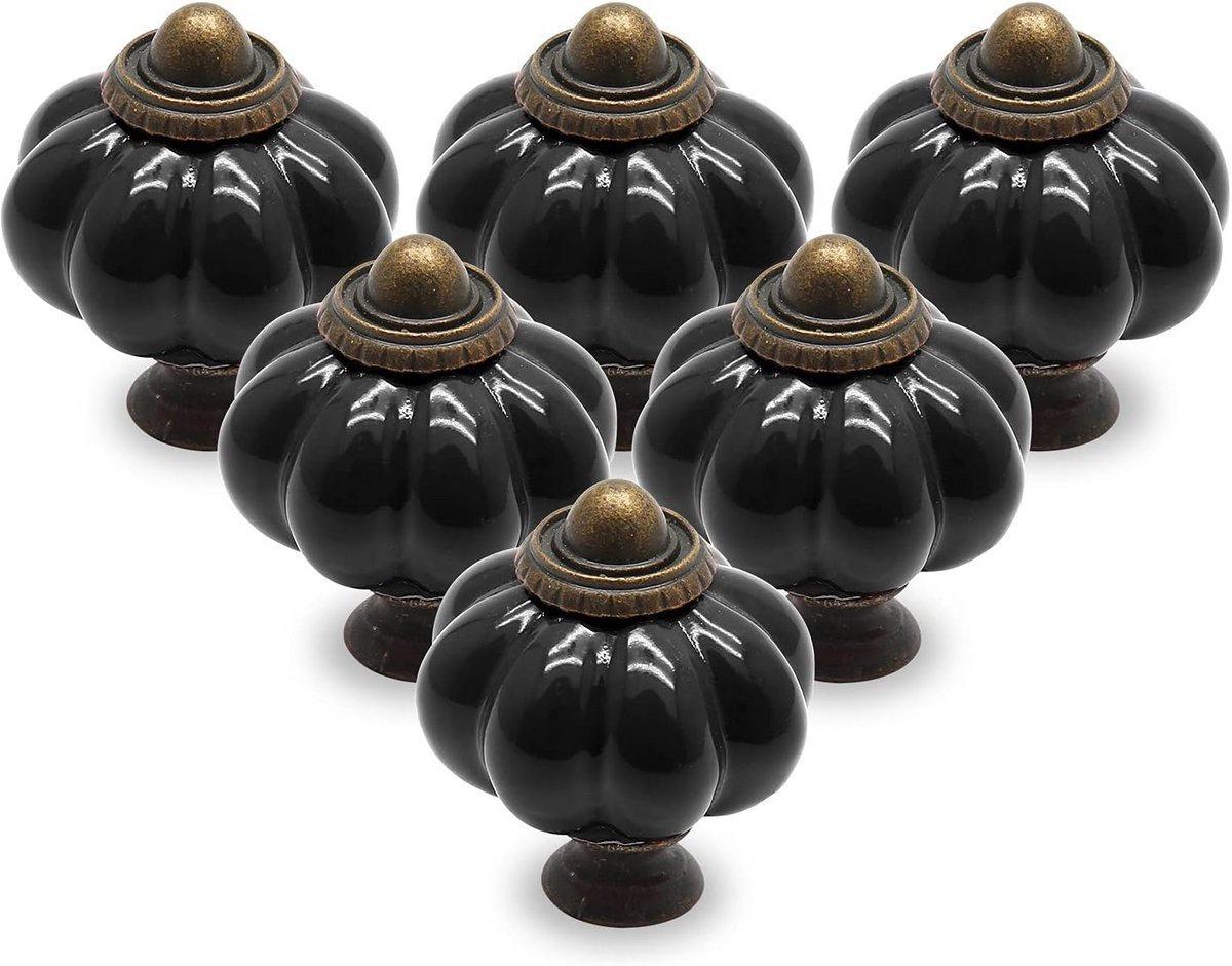12x Zwarte Keramische Pompoen Deurknoppen - Vintage Kast- en Ladegrepen