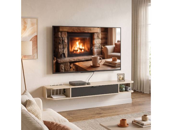 HOMCOM Meuble TV Suspendu 140cm Bois Naturel Tiroir 2 Étagères