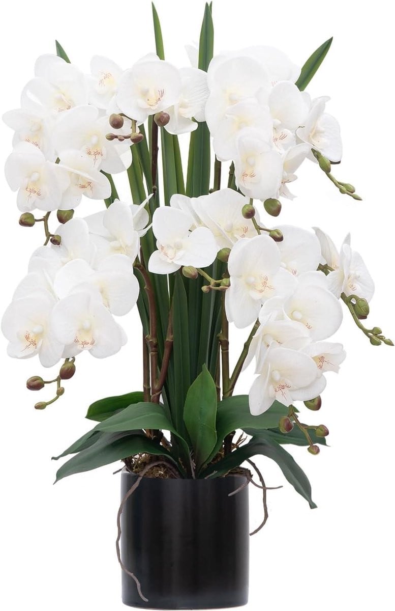 Kunstorchidee met vaas - Witte zijden nep orchidee voor woonkamer decoratie - 36 bloemen