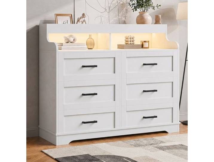 Commode à 6 tiroirs buffet armoire multifonction armoire avec LED buffet armoire de cuisine avec port USB buffet rangement blanc