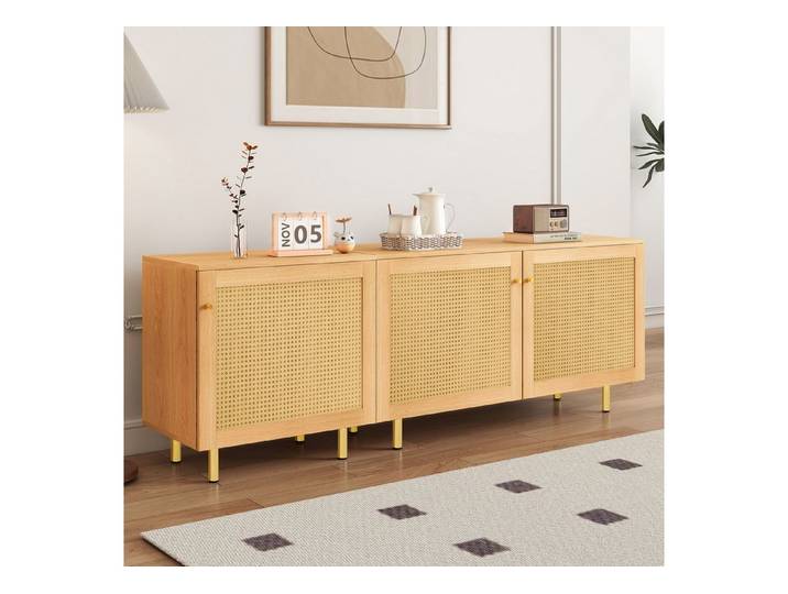Fine Life Pro Sideboard Rattan-Sideboard, 3 Türen, modular, Holzoptik, 63x180x40 cm, rustikaler Besteckschrank, für Esszimmer