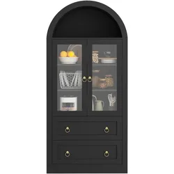 Merax Küchenschrank 80x36x170 cm, Glasvitrine Schwarz im Bogendesign, Hochschrank mit Glastüren, 2 Schubladen & verstellbaren Einlegeböden
