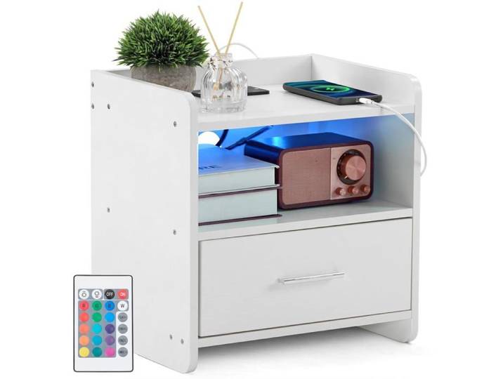 Table de Chevet LED avec Multiprise et Ports USB - Table de Nuit Moderne Blanche Lumineuse - Meuble d'Appoint avec Prise USB