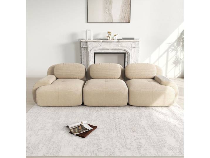 Canapé 3 places beige velours côtelé modulaire sans montage accoudoirs ergonomiques