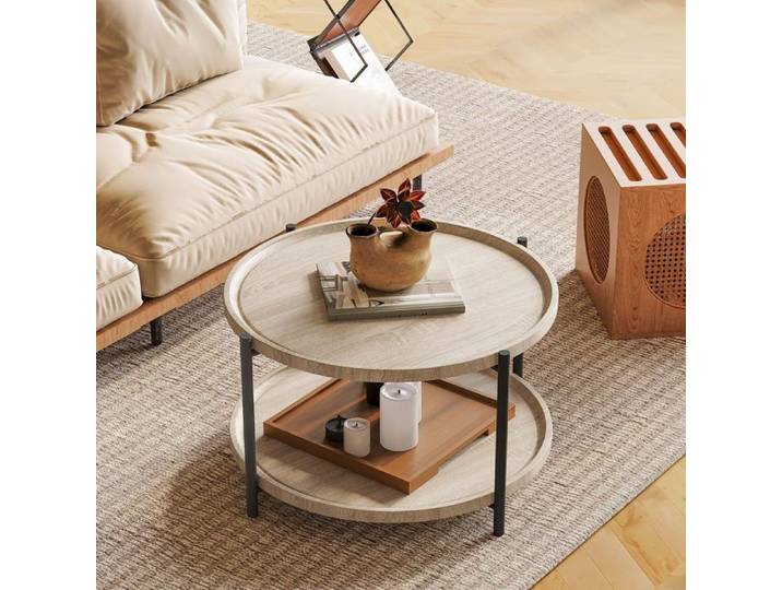 AFF Table Basse Ronde 2 Niveaux avec Bord Surélevé Table d'Appoint Salon Pieds Métal Table Café Compacte 74 4 x 74 4 x 45 cm