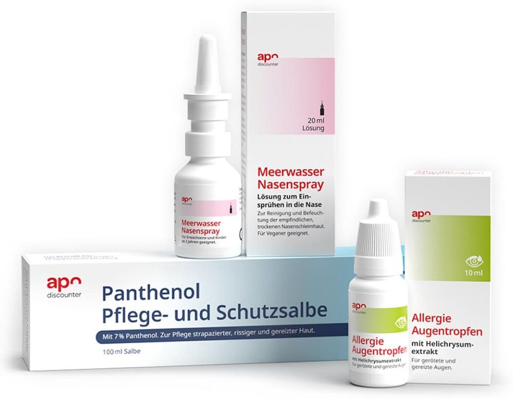 apodiscounter Sparset: Allergie Augentropfen + Nasenspray + Panthenolsalbe