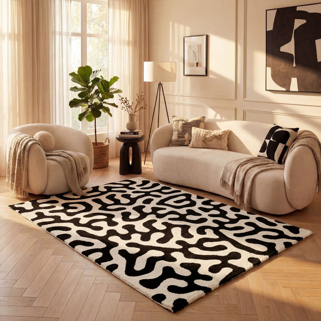 THE RUGS Joli Abstract Doodle Area Rug Soft Dense Pile for Living Rooms and Bedrooms Black/White Rectangle 200 x 290 cm