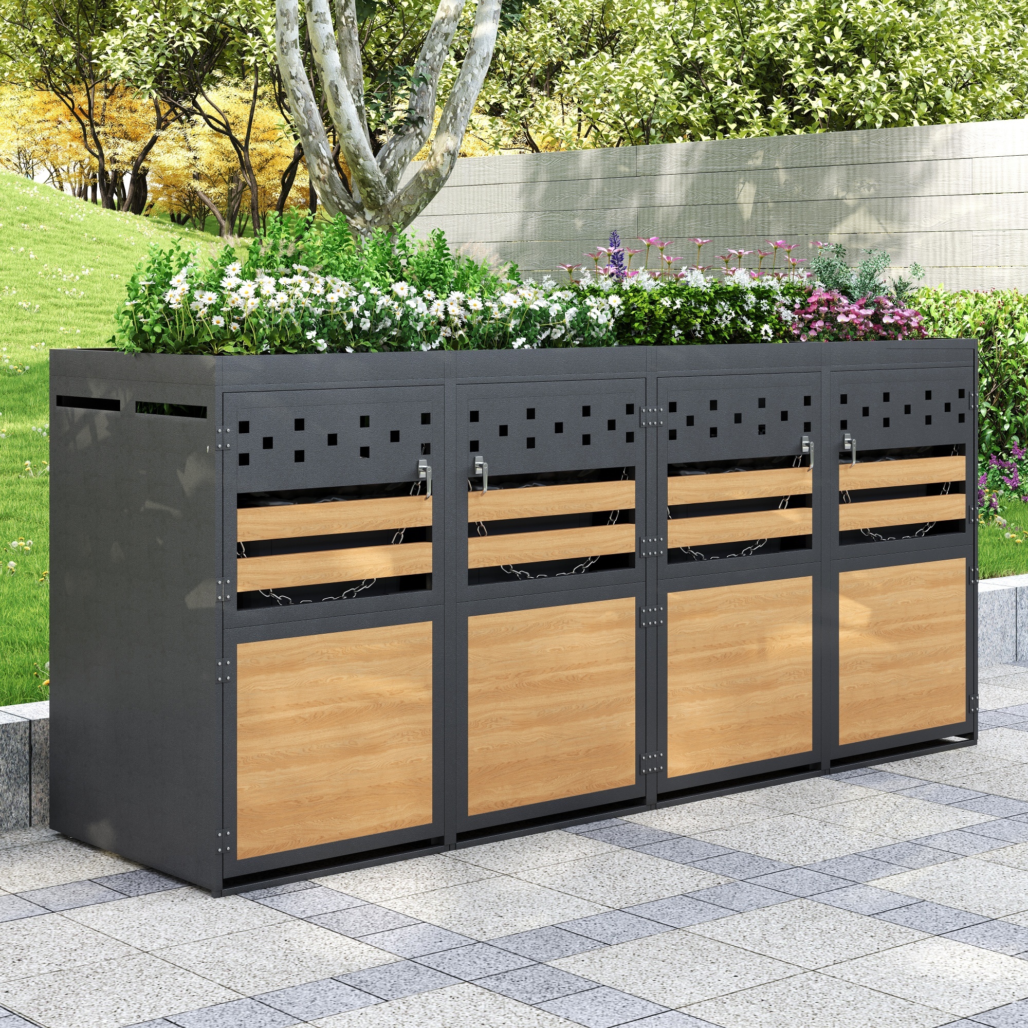 okwish Mülltonnenbox 4er mit Pflanzdach 120-240 Liter, Anthrazit Tür in Holzoptik,Aufbewahrungsbox für Mülltonnen, Müllbox,mit Pflanzdach,Grau+Natur