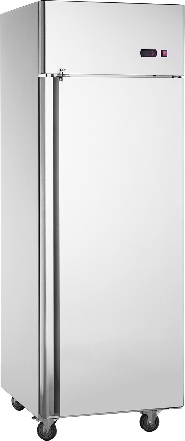 SucceBuy Gewerbekühlschrank 20,12 Kubikfuß, Kühlschrank mit Einzeltür. Edelstahl, automatische Abtaufunktion, 3 Ablagen. Temperaturregelung von 28,4 bis 46,4 °F, 4 Räder für Mobilität.