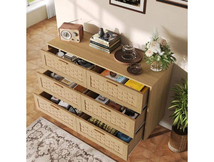 ADWOLT Commode 6 tiroirs Bois massif et tressage en bambou pieds stables anti-bascule 115x40x80cm couleur chene