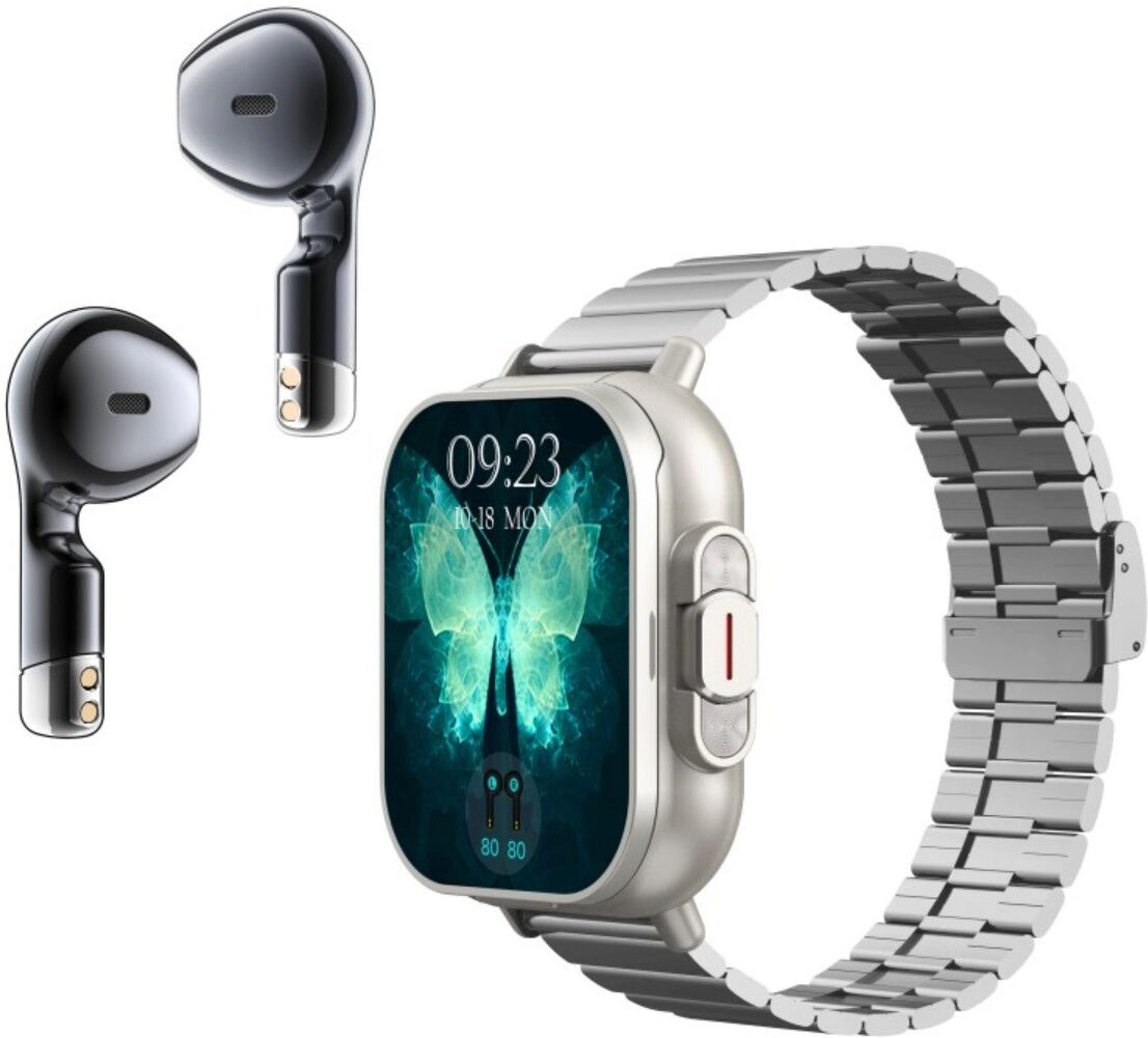 INF 2-in-1 TWS Smartwatch mit magnetischem Ladeetui, Bluetooth 5.3, 2.01 inch TFT-Touchscreen, NFC & Multisport-Funktionen Silber