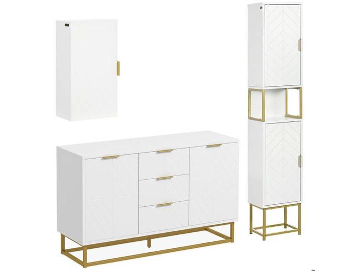 Lot de meubles de rangement kleankin - buffet armoire murale et meuble colonne - étagère réglable pieds en acier - doré blanc