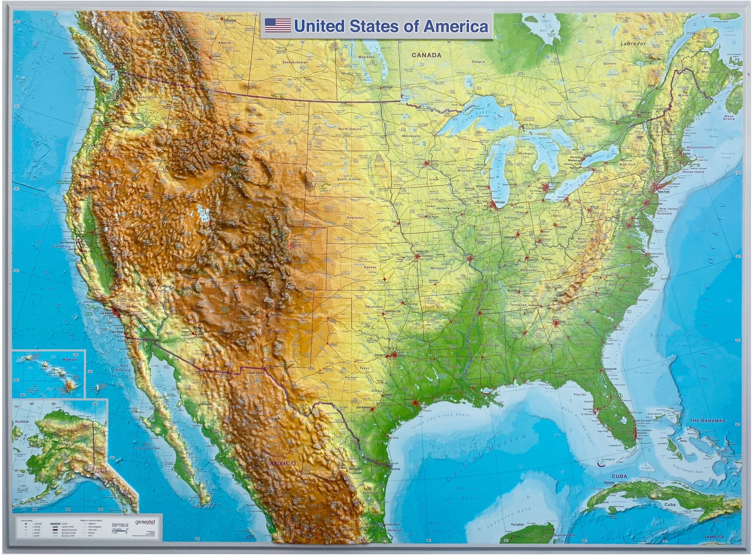Carte murale en relief - États-Unis (en anglais) - 77 x 57 cm   Georelief - Sans cadre