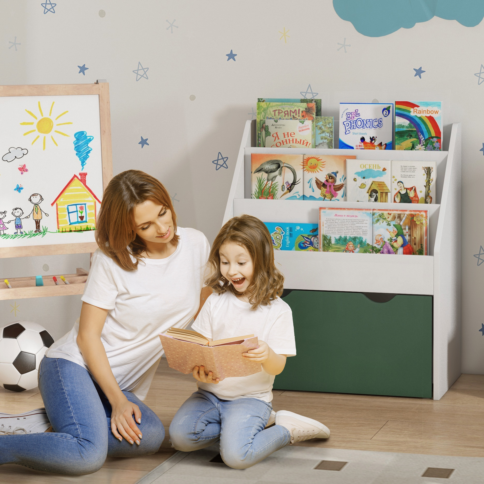 Aiyaplay Libreria per Bambini 3-8 Anni a 3 Ripiani con Cassetto Inferiore, in MDF, 62.5x30x70 cm, Verde   Aosom Italy