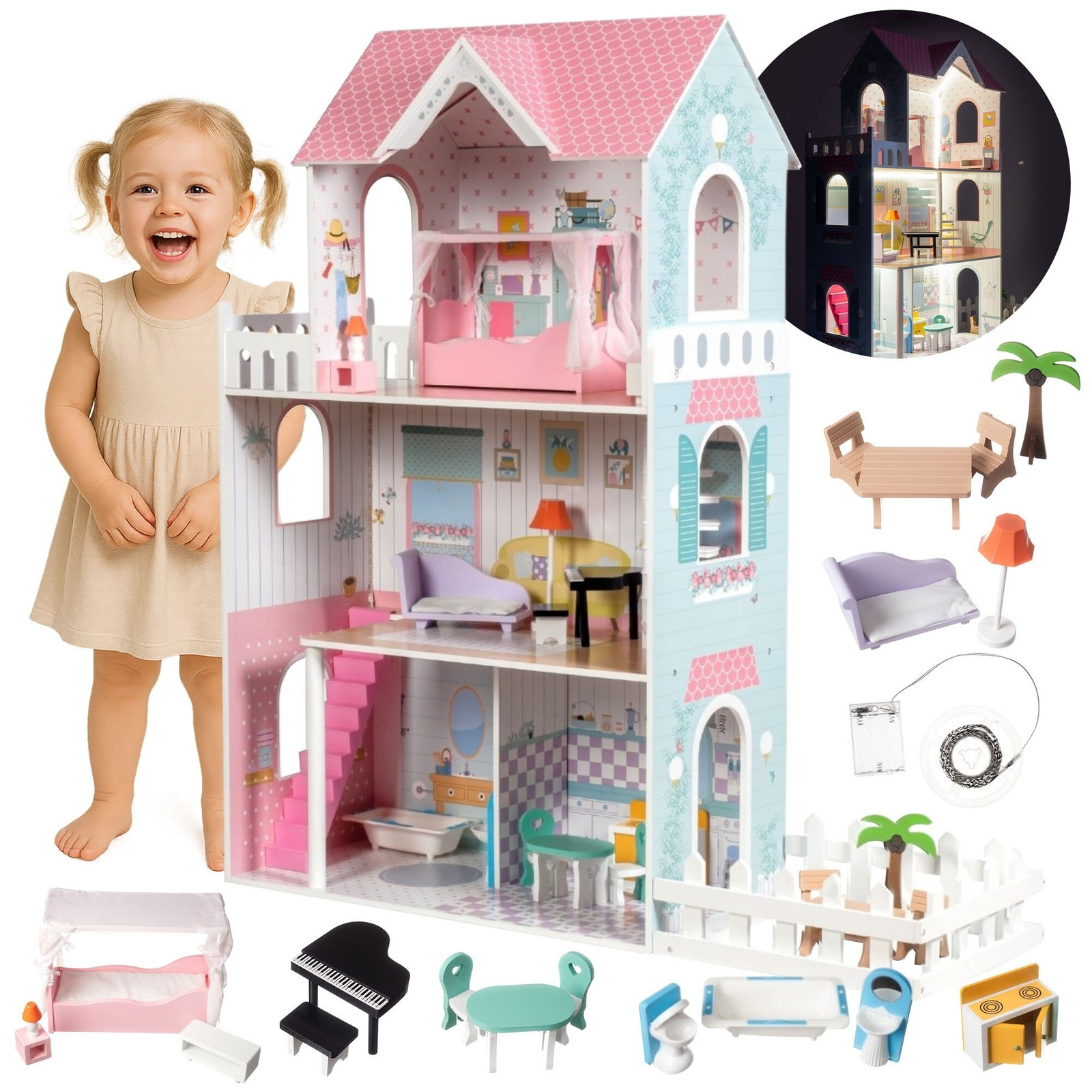 Mamabrum XXL Houten Poppenhuis met LED-verlichting en accessoires, 123 cm