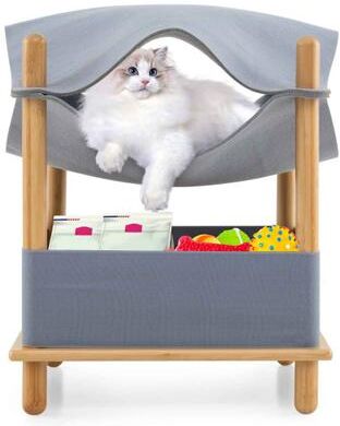 Costway 2-Tier Wooden Cat House with Semi-enclosed Condo and Removable Clothes-Gray