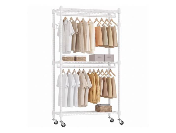 Portant à Vêtements Double Solide à Roulettes-HOMDOX-Etagères Réglables 60X42X205cm avec 2 Crochets & Rails à Vêtements Blanc