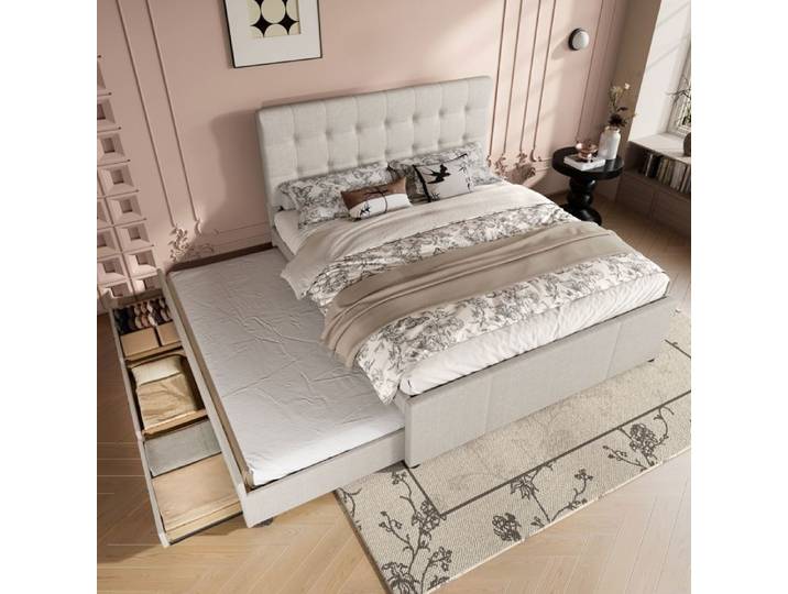 Lit avec rangement 140x200 cm en lin beige avec 3 tiroirs et lit gigogne – design minimaliste