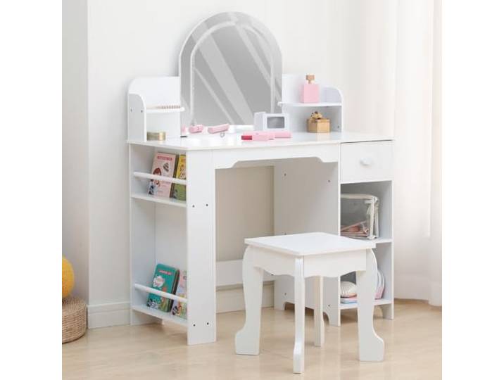 Acekool Kinder-Schminktisch-Set mit Stuhl & LED-Spiegel (Touch, 3 Lichtmodi, dimmbar) – Schublade + 2 offene Ablagen – Frisiertisch fürs Kinderzimmer/Spielzimmer – Farbe: Weiß