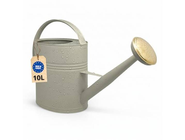 Gieter 10l, metalen gieter voor tuin & balkon, hoogwaardige gieter 10 liter van verzinkt metaal, gieter met afneembare tuinslang, retro gieter met messing tuinslang, groene gieter