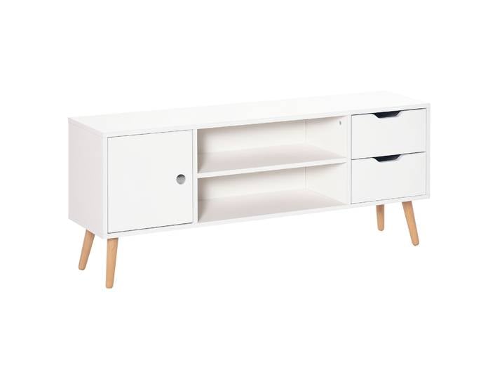 HOMCOM Meuble TV Banc TV Style scandinave Placard 2 niches 2 tiroirs Passe-Fils Panneaux Particules Blanc Bois pin