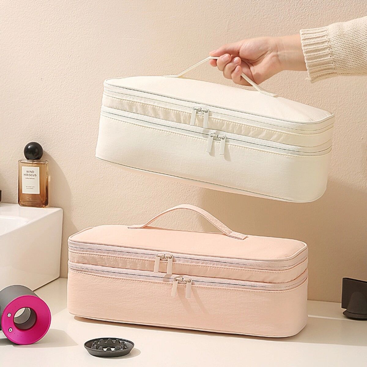 INF Doppelstöckige Reise-Haartool-Tasche – Polyester Organizer mit zwei Fächern für Haartrockner & Lockenstab, Mehrere Farben, Rosa