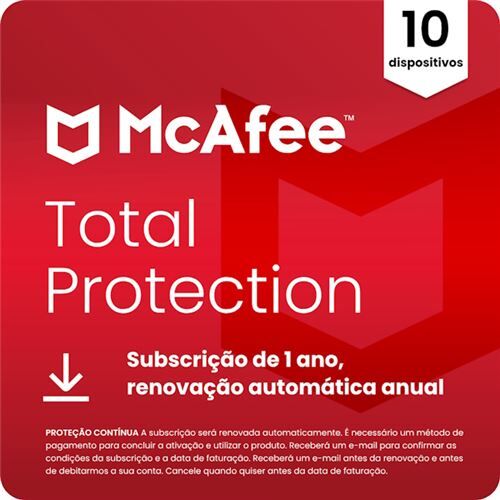 McAfee Total Protection  (Windows, macOS, Android, iOS, ChromeOS) - 10 Dispositivos - Subscrição de 1 ano (Cartão de Chave de Produto ou Transferência Digital)