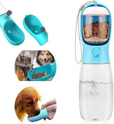 Happy Pet Pantry Portable Pet Travel Water Bottle & Food Dispenser 3 N 1 Leakproof Bowl blue