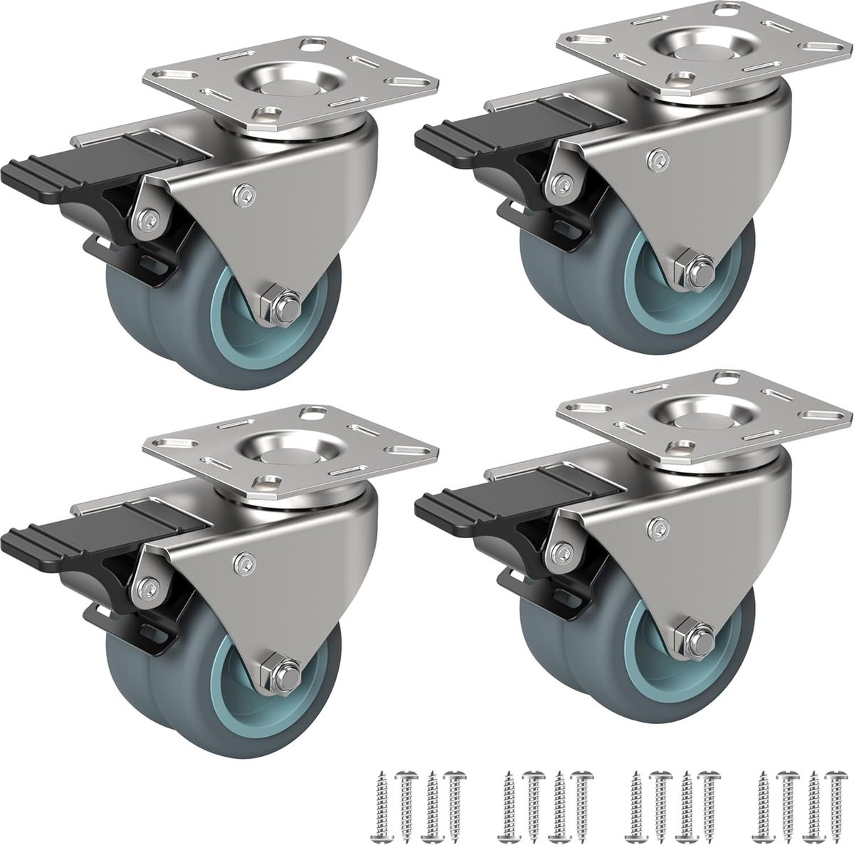 Set van 4 zwenkwielen met plaat voor meubels, metaal en plastic, 100 kg per wiel