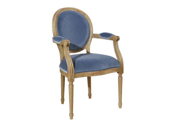Fauteuil de table style classique en bois et velours bleu louis