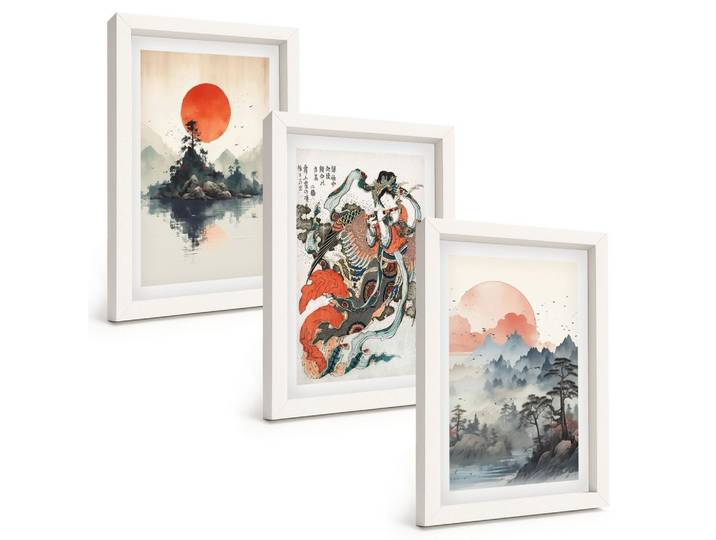 BILDER SET 3er Set - 20x30 cm Weißer Rahmen - Asiatische Japandi-Malereien