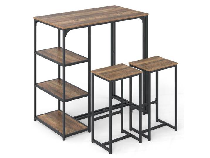 Tabourets rangés sous la table ensemble table de bar 3 pièces avec 2 tabourets et étagères de rangement