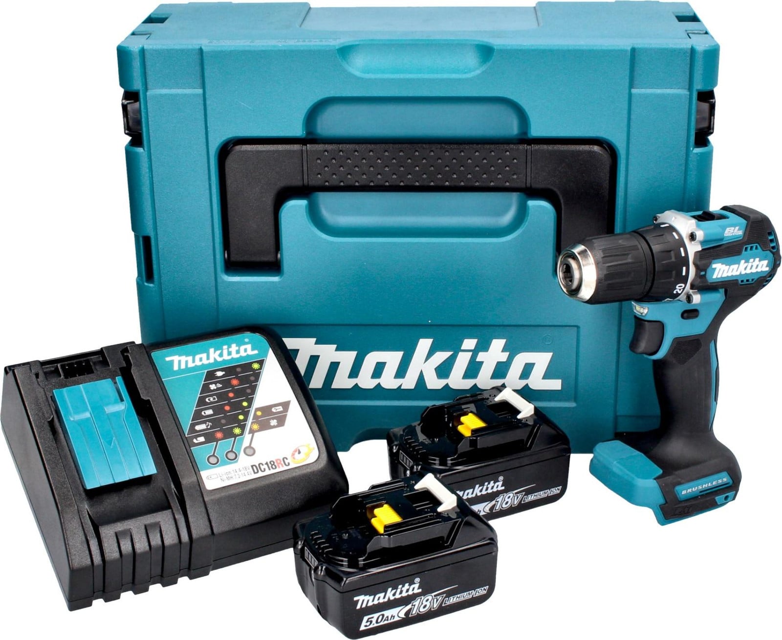 Makita DDF 487 RTJ accuboormachine 18 V 40 Nm borstelloos met 2x 5.0 Ah accu en lader en Makpac