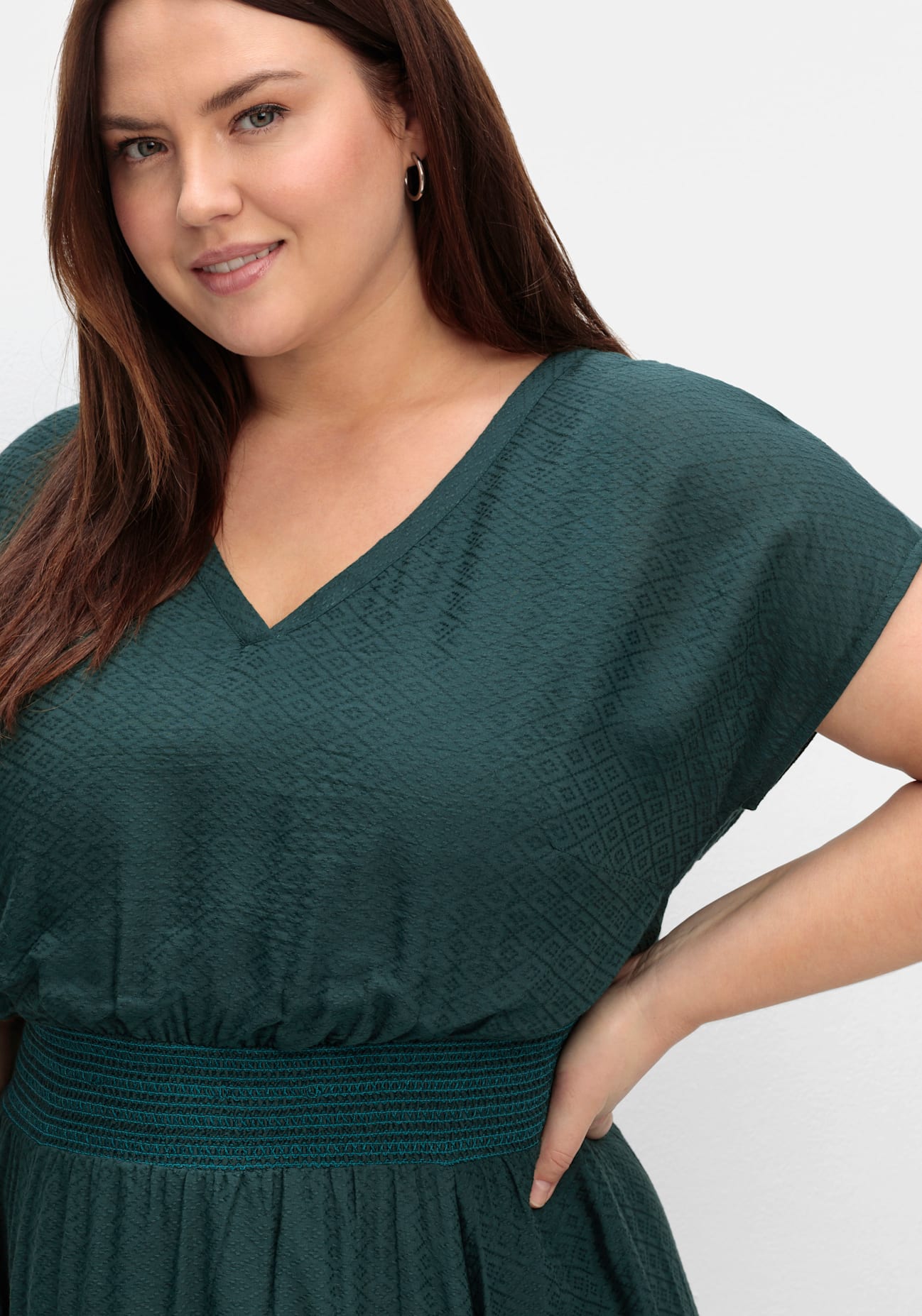 Maxikleid SHEEGO "Maxikleid", Damen, Gr. 46, Normalgrössen, Kurzarm, blau (petrol), 100% Viskose, unifarben, lang, V-Ausschnitt, Kleider Maxikleid petrol 46, Normalgrössen, Kurzarm