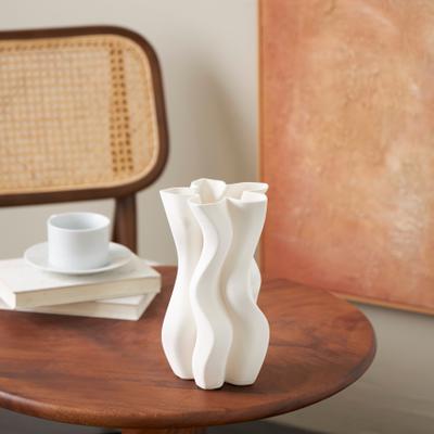 ARCILLA ELEMENTAL White Ceramic Ribbed Dimensional Wavy Abstract Vase with Floral Shaped Rim