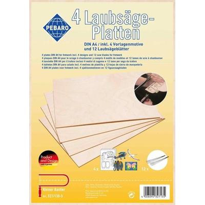 PEBARO 327/130-5 - 4 Sperrholzplatten aus Birkenholz, größe DIN A4, mit 12 Laubsägeblättern, 12 Laubsägeblätter, 4 Motivvorlagen