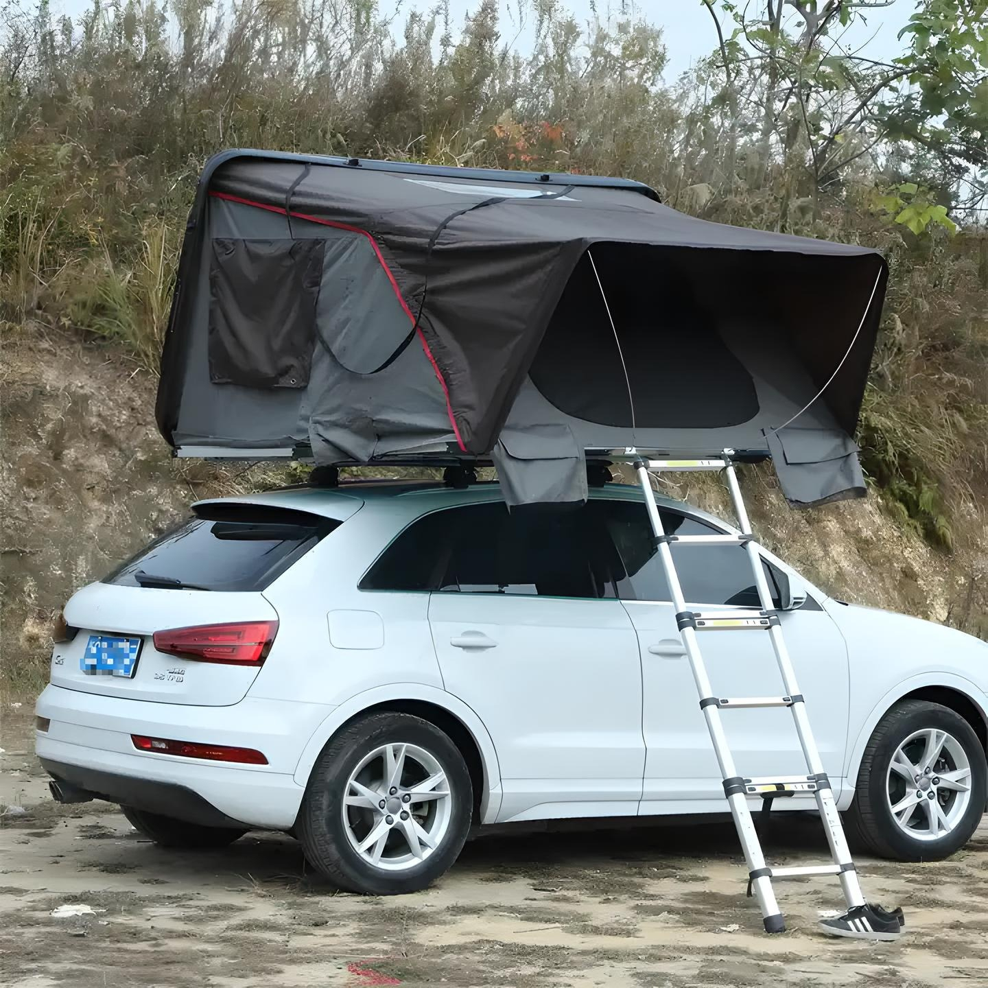 Hardcase Autodachzelt Grau 3-4 Personen mit Baumwolleinlage zur Wärmeisolierung und optionalem Vorzelt, 220x225x115cm Dachzelt