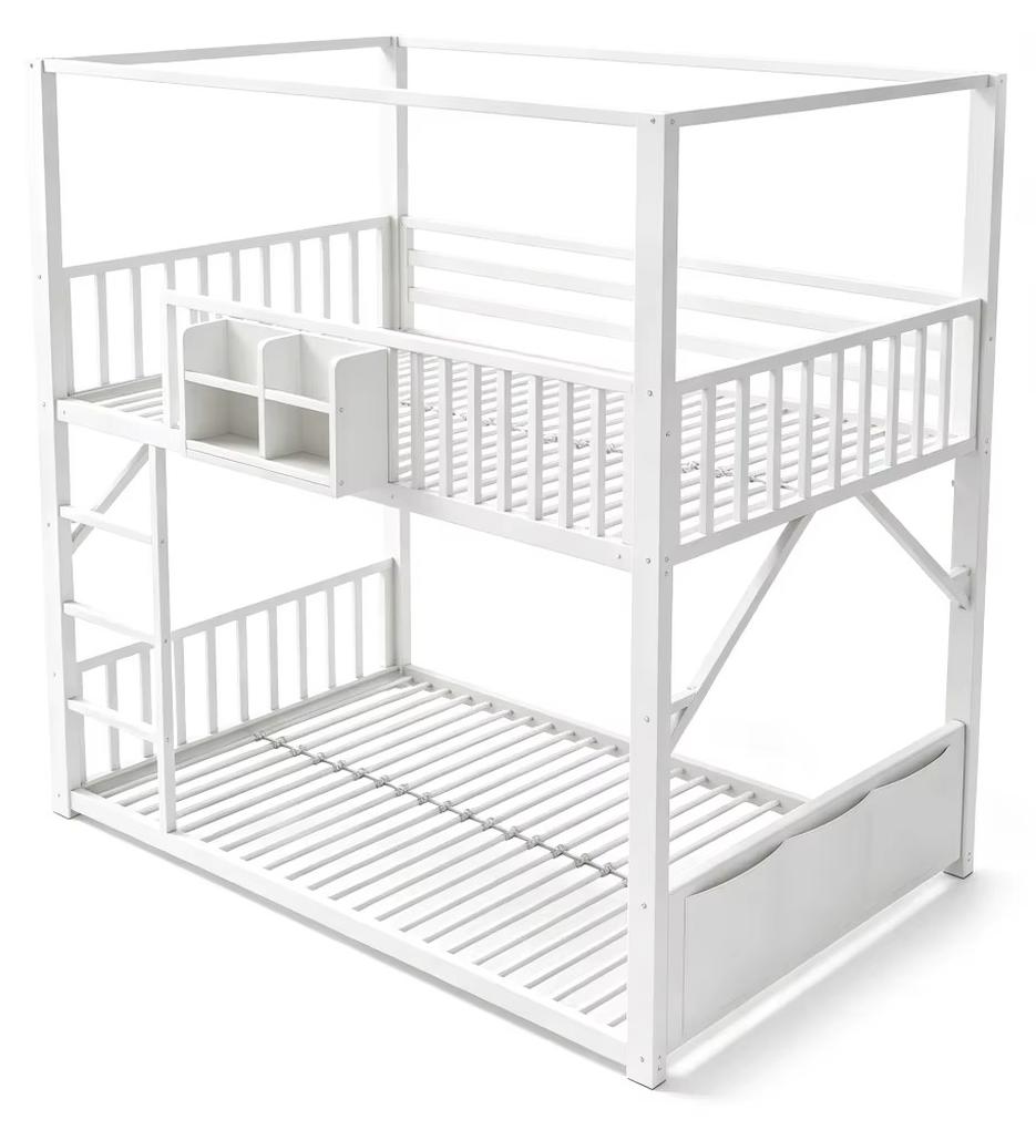 Kinder-Etagenbett - Metallrahmen - 90 x 200 cm - Mit Stauraum - Dachkonstruktion - Platzsparend - Weiß