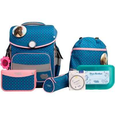 Schulranzen SCHOOL-MOOD "Timeless Pro", Kinder, Gr. B/H/T: 36cm x 42cm x 21cm, blau (mila (pferd) mit moodie naomi neugier), Polyester, Rucksäcke