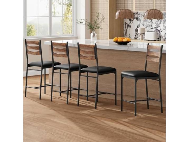 Garvee klassisch Barhocker 4er-Set – Gepolsterte Barstühle mit Holzlehne & Metallbeinen, Kunstleder, mit Fußstütze, klassisch-Design, für Kücheninsel & Bar – klassisch Farbe, 4er-Pack