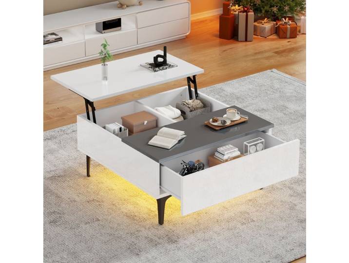 Table basse relevable SENVIRO avec rangement LED blanc gris 70x70x35cm