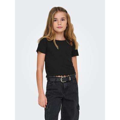 T-Shirt KIDS ONLY "KONNELLA", Mädchen, Gr. 122/128, schwarz, Rippware, Obermaterial: 65% Polyester, 30% Viskose, 5% Elasthan, unifarben, regular fit kurz, Rundhals, gewellter Abschluss, Shirts T-Shirt, mit gewellten Säumen