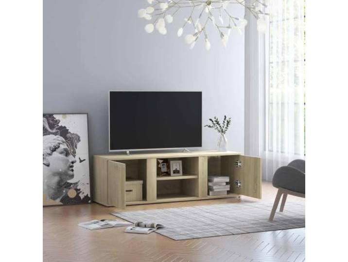 HEFZGDB TV-Schrank Sonoma-Eiche 120x34x37 cm Holzwerkstoff mit 2 Türen und 2 offenen Fächern für Multimedia-Geräte und Aufbewahrung, robuster Wohnzimmerschrank mit zeitlosem Design