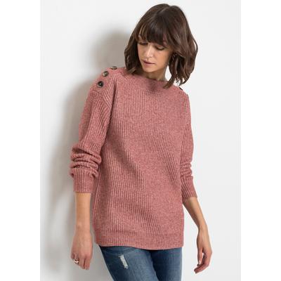 Strickpullover BONPRIX "Pullover mit Knöpfen", Damen, Gr. 40/42 (M), rosa (dunkelrosa meliert), Strick, Obermaterial: 100% Polyester, meliert, unifarben, oversize hüftbedeckend, U-Boot-Ausschnitt, Strickbündchen, Pullover Strickpullover, in...