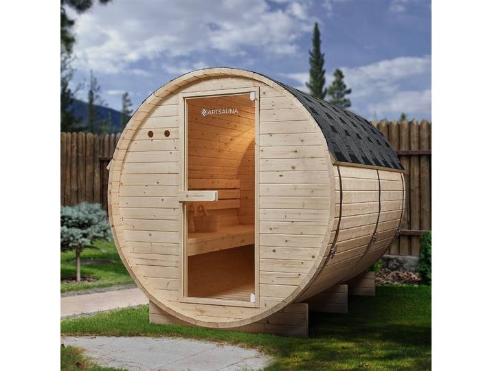 Artsauna Outdoor Fasssauna Spitzbergen 220 für 6 Personen - 8 kW Ofen & Zubehör