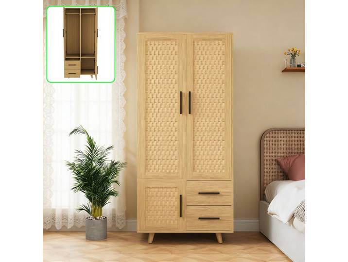 Armoire Chambre - Armoire Bois Chambre - Penderie intégrée - 2 Portes et 2 Tiroirs de Rangement -Armoire Adultes - 80x52x166cm