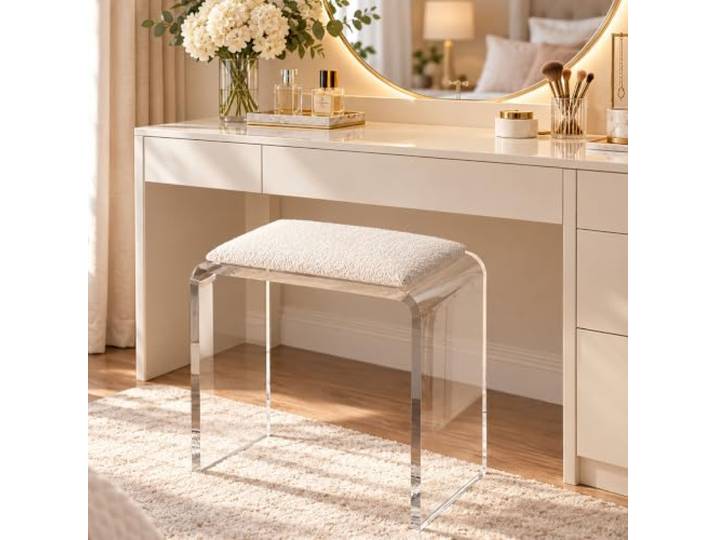 Transparenter Acryl Schminkhocker, Gepolsterter Sitz, Modernes Design Klare Acrylstruktur mit weichem Sitz für Schminktisch, Schlafzimmer, Bad und Ankleidezimmer(A)