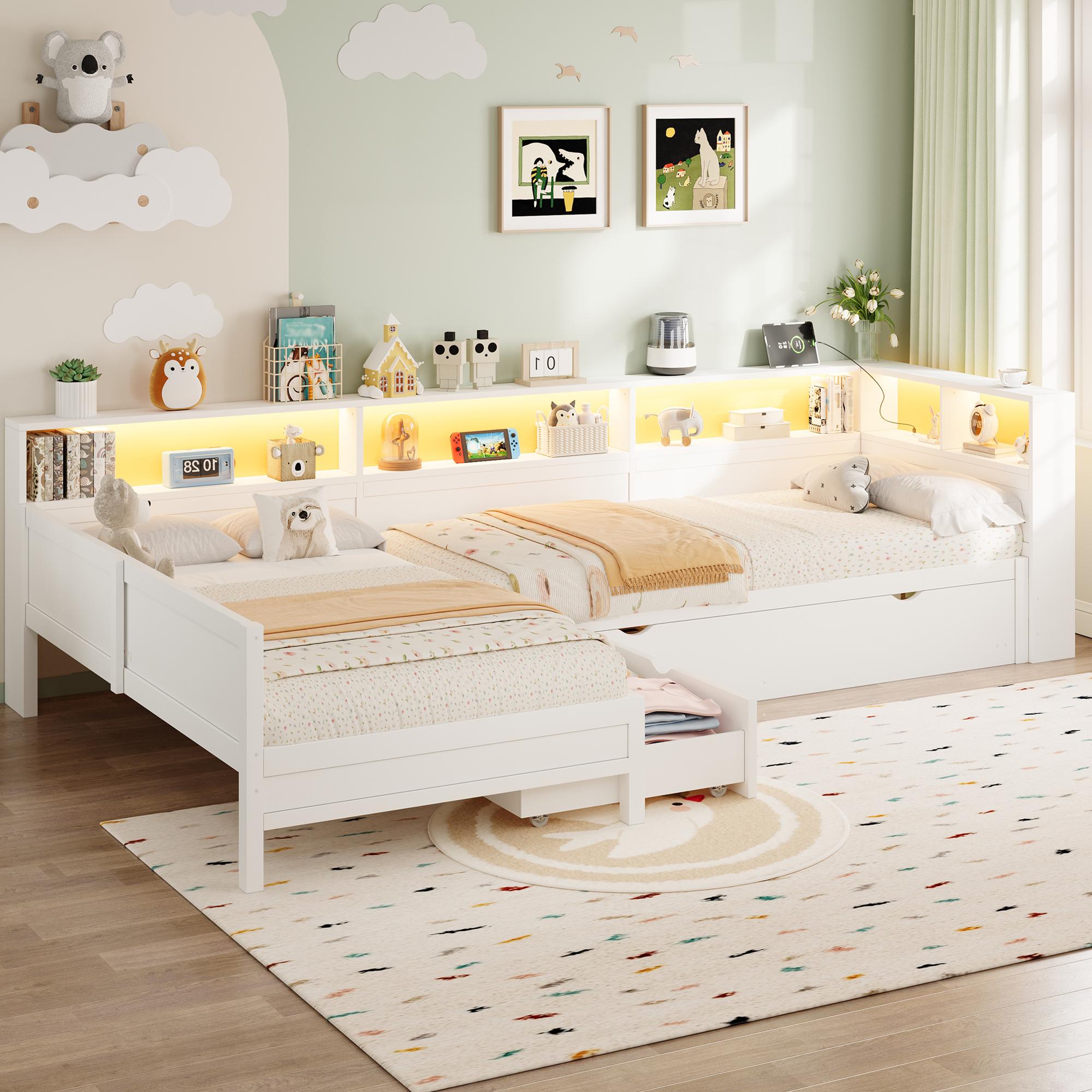 MODFU Kinderbett 90x200 Plattformbett mit integrierten LED-Leuchten,Holzbett mit USB-Anschluss und einen USB-C-Anschluss,mit Ausziehbett Mit Matratze,Weiß